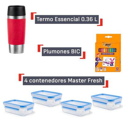 T-fal Combo Regreso a Clases con 4 Contenedores de alimento de 55 ml, Termo con Exterior de silicona color Rojo de 350 ml y Estuche de 12 plumones mágicos de regalo K3021112M