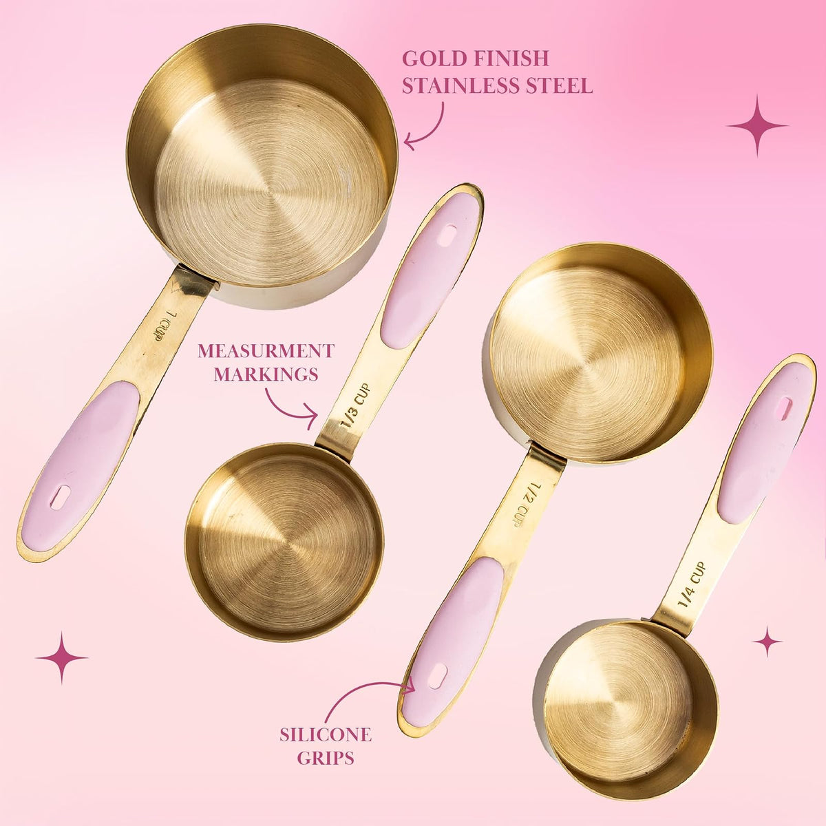 Paris Hilton - Juego de tazas y cucharas medidoras de acero inoxidable con mango de silicona rosa, apto para lavaplatos, para ingredientes secos y líquidos, juego de 8 piezas, dorado y rosa