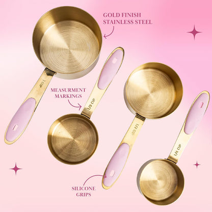 Paris Hilton - Juego de tazas y cucharas medidoras de acero inoxidable con mango de silicona rosa, apto para lavaplatos, para ingredientes secos y líquidos, juego de 8 piezas, dorado y rosa