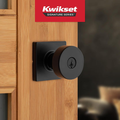 Kwikset Pismo - perilla para puerta de entrada con cerradura y llave, mango con llave segura exterior, entrada frontal y recámara, negro mate, resistente a las púas SmartKey Rekey Security y Microban,