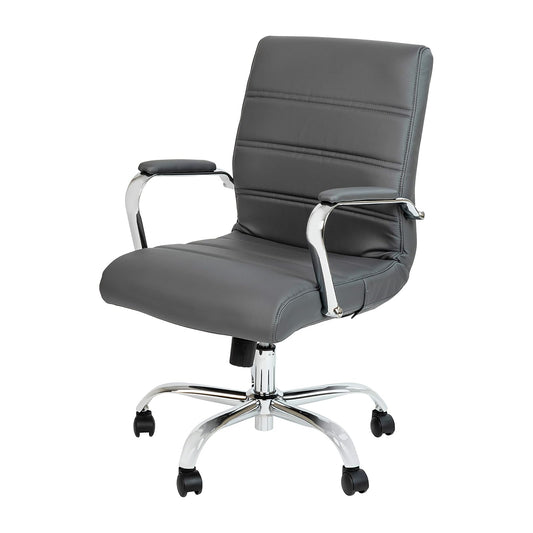 Flash Furniture Whitney - Silla de computadora giratoria de Piel Suave con Asiento Acolchado y reposabrazos, Silla de Oficina Acolchada de Altura Ajustable, Gris/Cromo