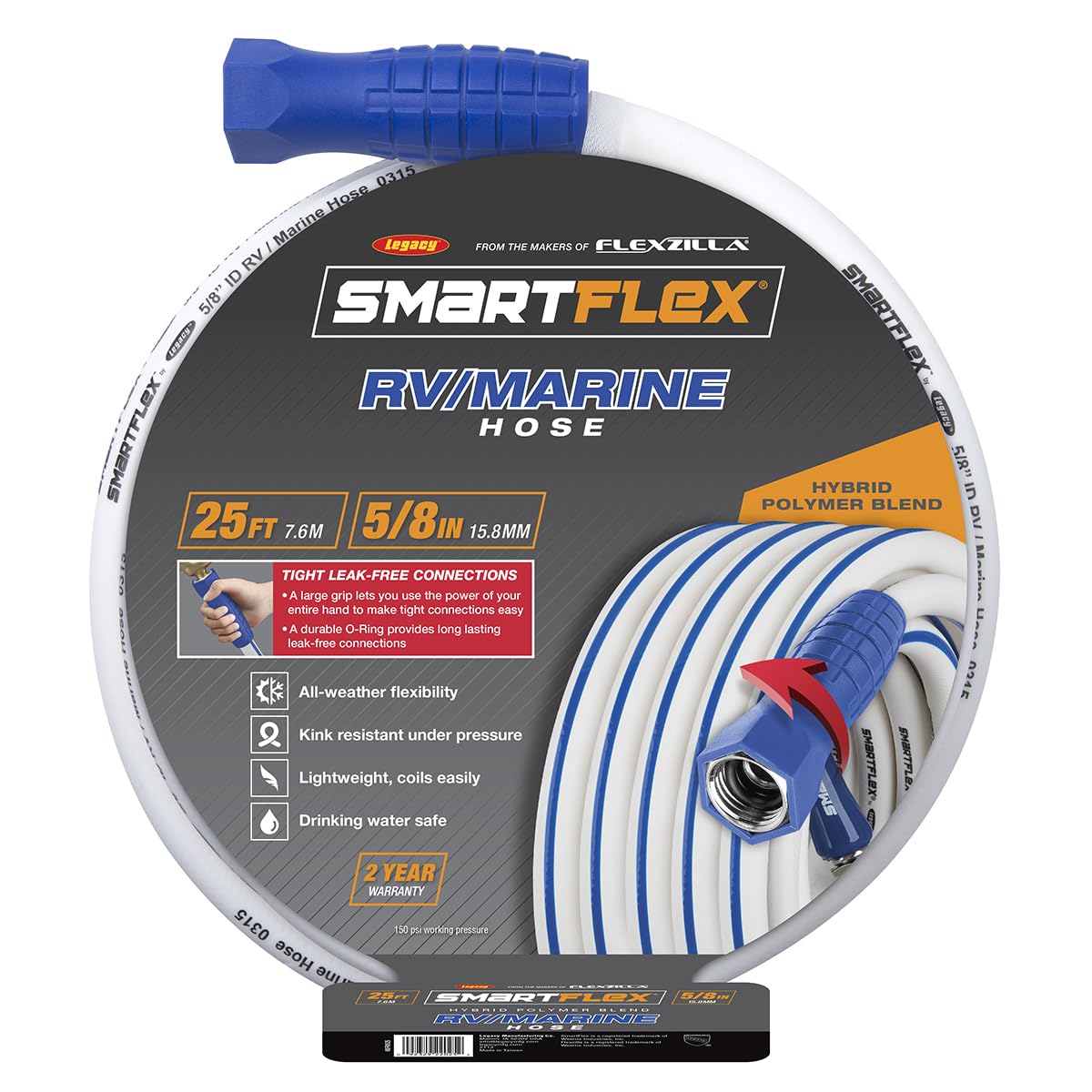 SmartFlex RV/Manguera de agua marina, 5/8 pulgadas. x 25 pies, híbrida, blanca - HSFRV525