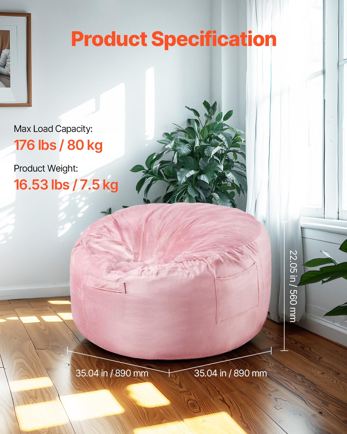 VEVOR - Puf Redondo de 3 pies con Funda extraíble y Lavable, Relleno de Espuma viscoelástica 25D con Terciopelo holandés Suave y Suave, puf para recámara o Sala de Juegos, Color Rosa