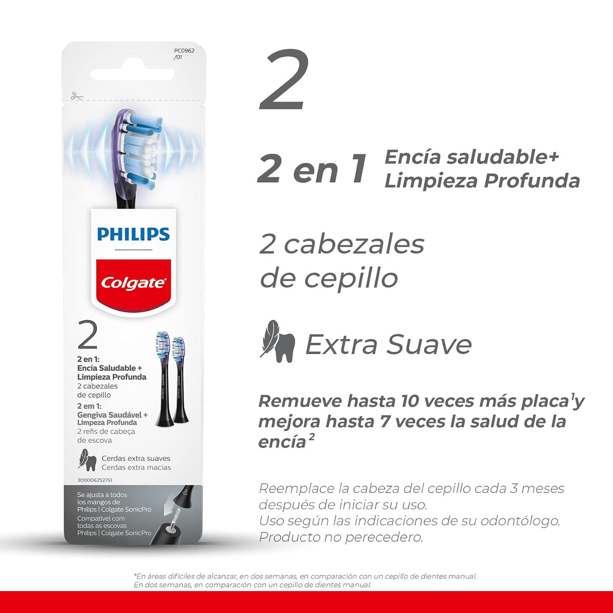 Philips Colgate Cabezales de Repuesto para Cepillo Dental SonicPro 2 pzas | Remueve hasta 10x Más Placa en Áreas de Díficil Acceso. Cerdas Extra Suaves Delicadas con la Encía