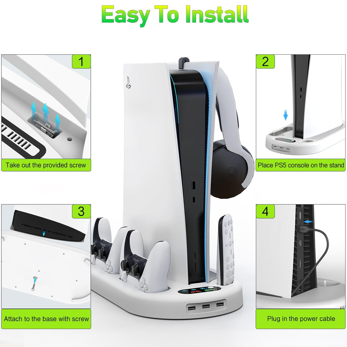 AMZDM for PS5 Stand Cooling Station with Dual PS5 Charging Station Playstation 5 Console Cooler Docking Station with Cooling Fan PS5 Controller Fast Charging PS 5 Disc & Digital Standard Version White