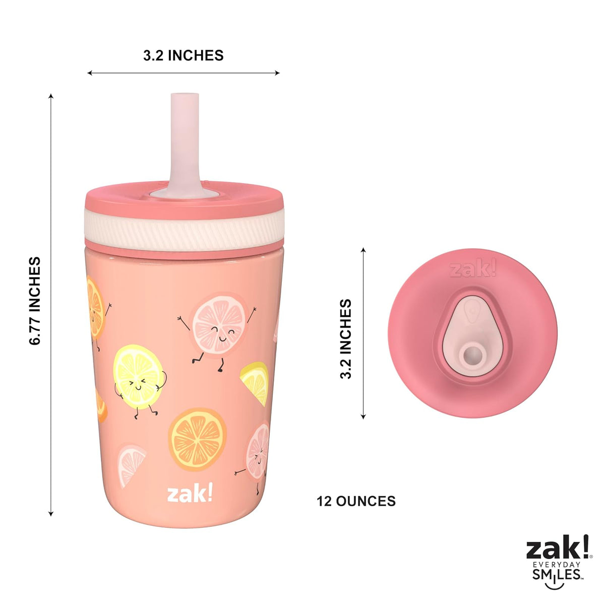 Zak Designs Vasos para niños pequeños para viajes o en casa, taza de acero inoxidable aislada al aspiradora de 12 onzas con diseño a prueba de fugas, perfecto para niños (fruta feliz)