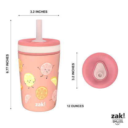 Zak Designs Vasos para niños pequeños para viajes o en casa, taza de acero inoxidable aislada al aspiradora de 12 onzas con diseño a prueba de fugas, perfecto para niños (fruta feliz)