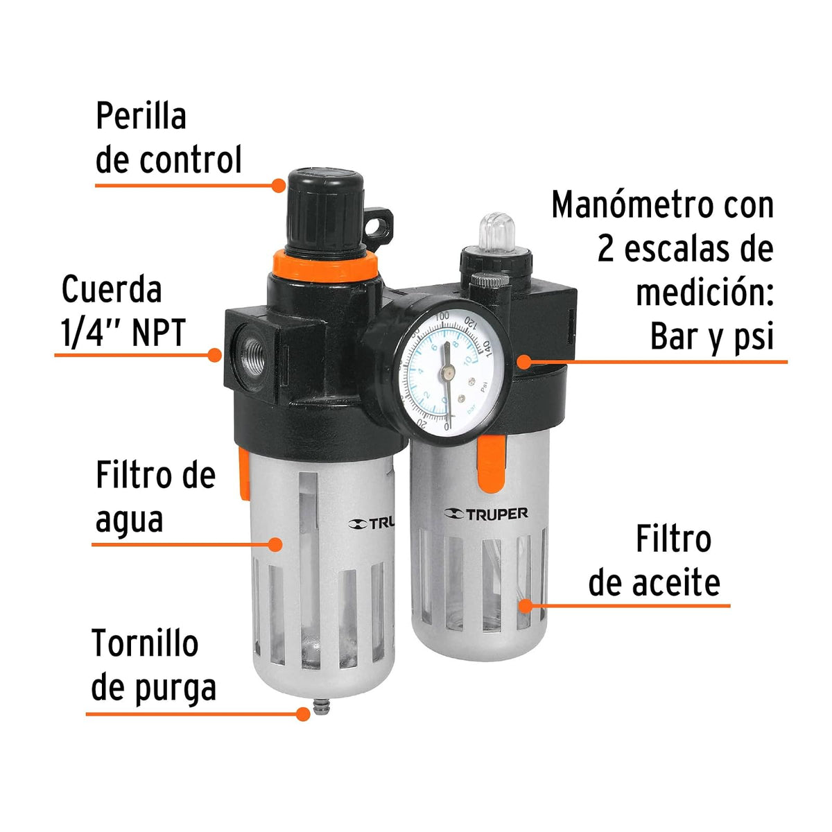 Truper UNI-LL-1/4, Unidad de limpieza y lubricación, cuerda 1/4 NPT