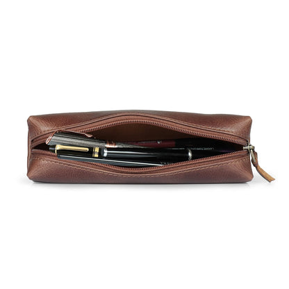 Otto Angelino Astuccio in Vera Pelle con cerniera, portapenne, borsa per cartoleria (Marrone)