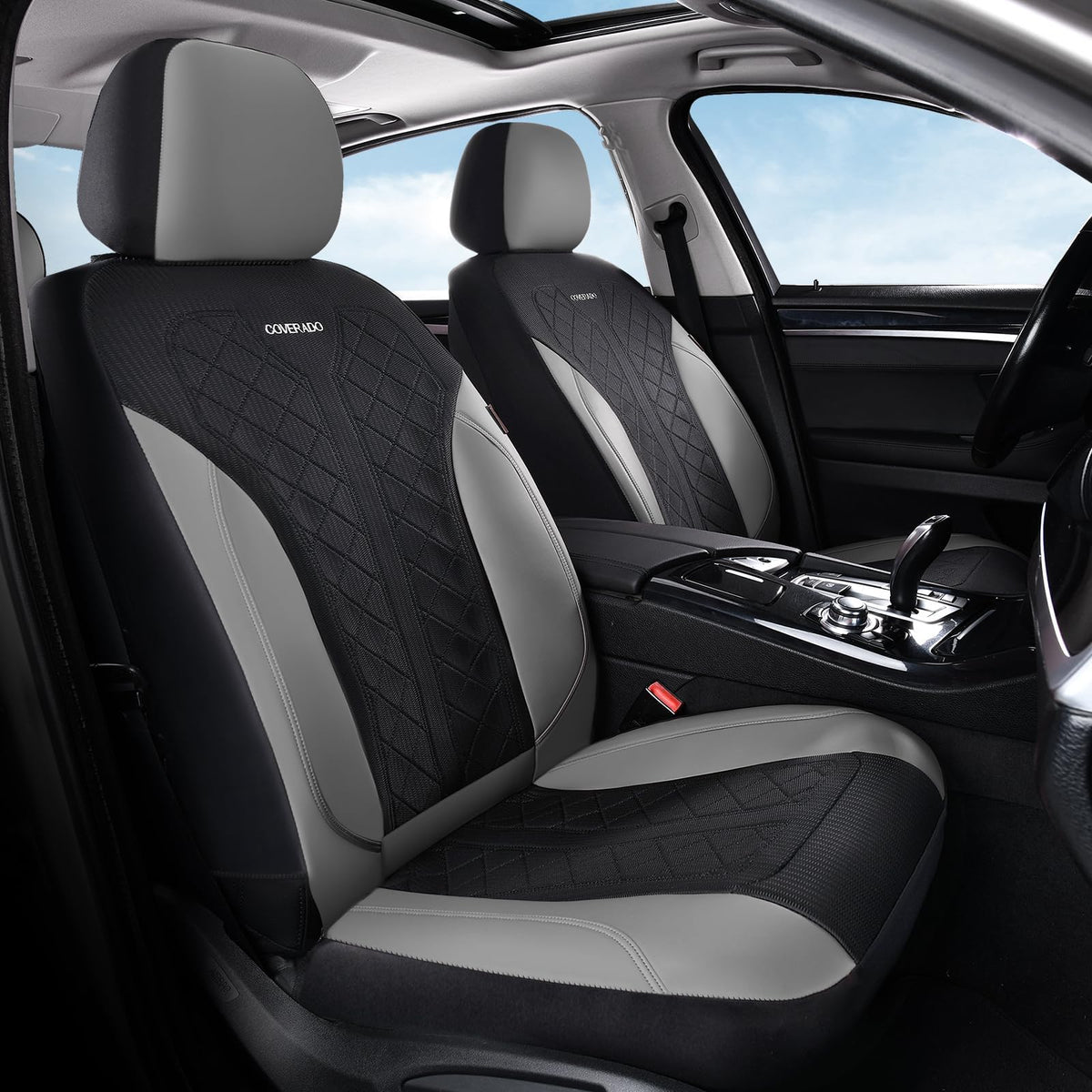 Coverado - Juego Completo de Fundas de Asiento para automóvil, Fundas de Asiento de automóvil, Fundas de Asiento de Piel, diseño de Malla, Protectores de Asiento de Conductor Negro, Ajuste Universal