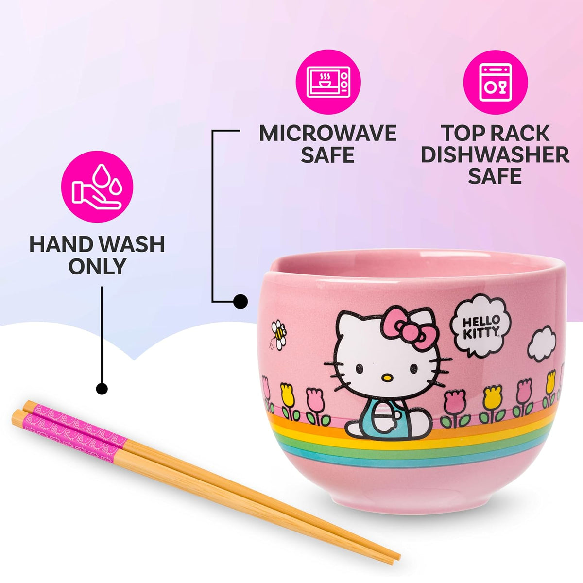 Silver Buffalo Hello Kitty Tazón de Arroz con Palillos | Rayas Arco Iris, Diseño de Flores, 20 oz