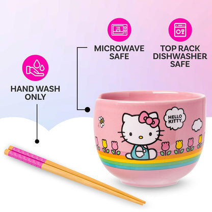 Silver Buffalo Hello Kitty Tazón de Arroz con Palillos | Rayas Arco Iris, Diseño de Flores, 20 oz