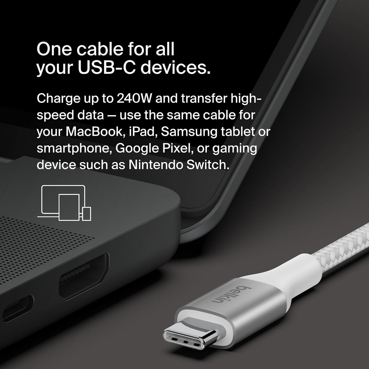 Belkin BoostCharge - Cable de alimentación USB-C a USB-C (1 M, 3.2 pies), cable de carga rápida con entrega de alimentación de 240 W, certificado USB-IF, compatible con MacBook Pro, Chromebook,