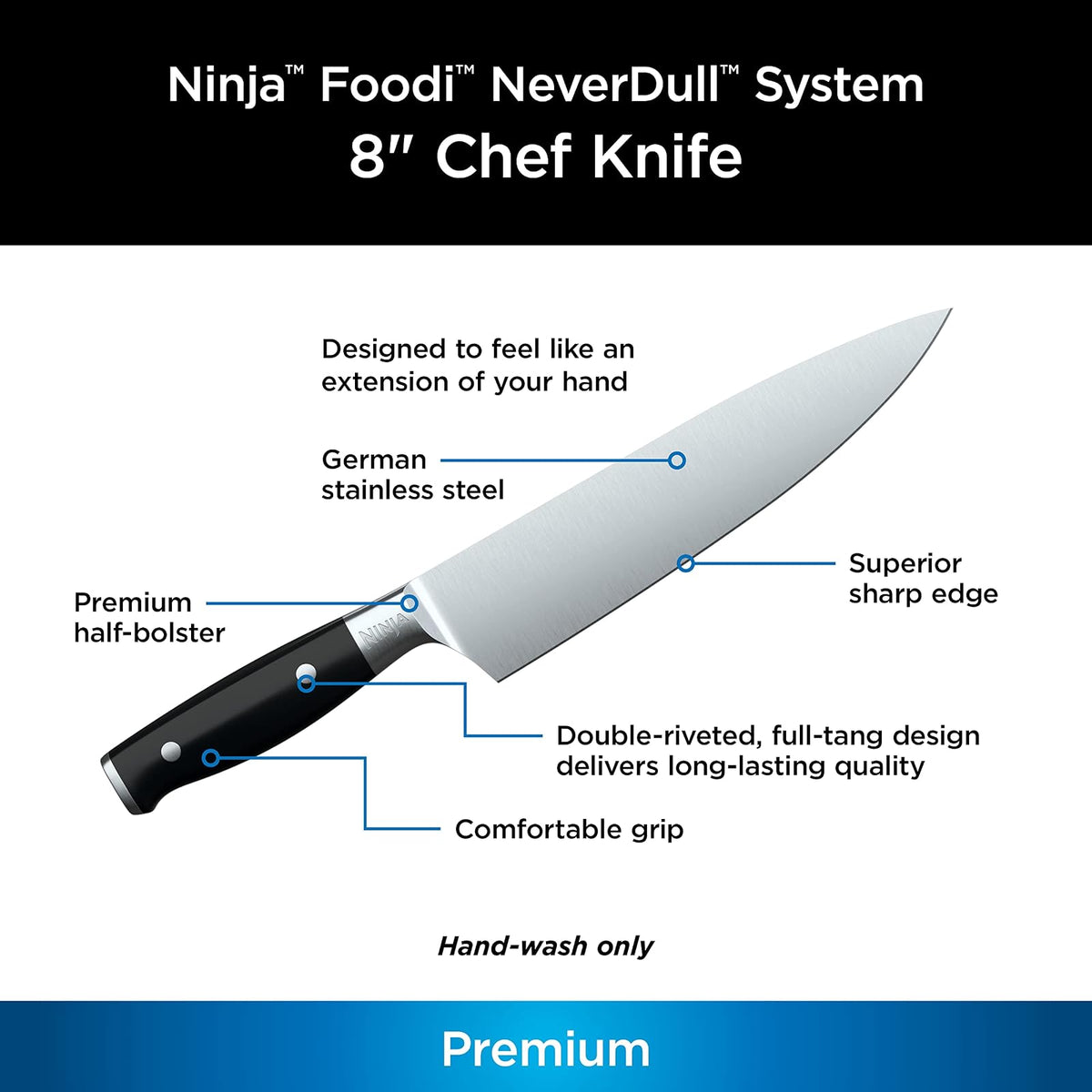 Ninja Foodi NeverDull Cuchillo de Chef 20cm K30020 | Filo de Navaja por +10 Años | NeverDull: el Estuche Afila Automáticamente | Acero Inoxidable 20cm