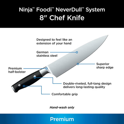 Ninja Foodi NeverDull Cuchillo de Chef 20cm K30020 | Filo de Navaja por +10 Años | NeverDull: el Estuche Afila Automáticamente | Acero Inoxidable 20cm