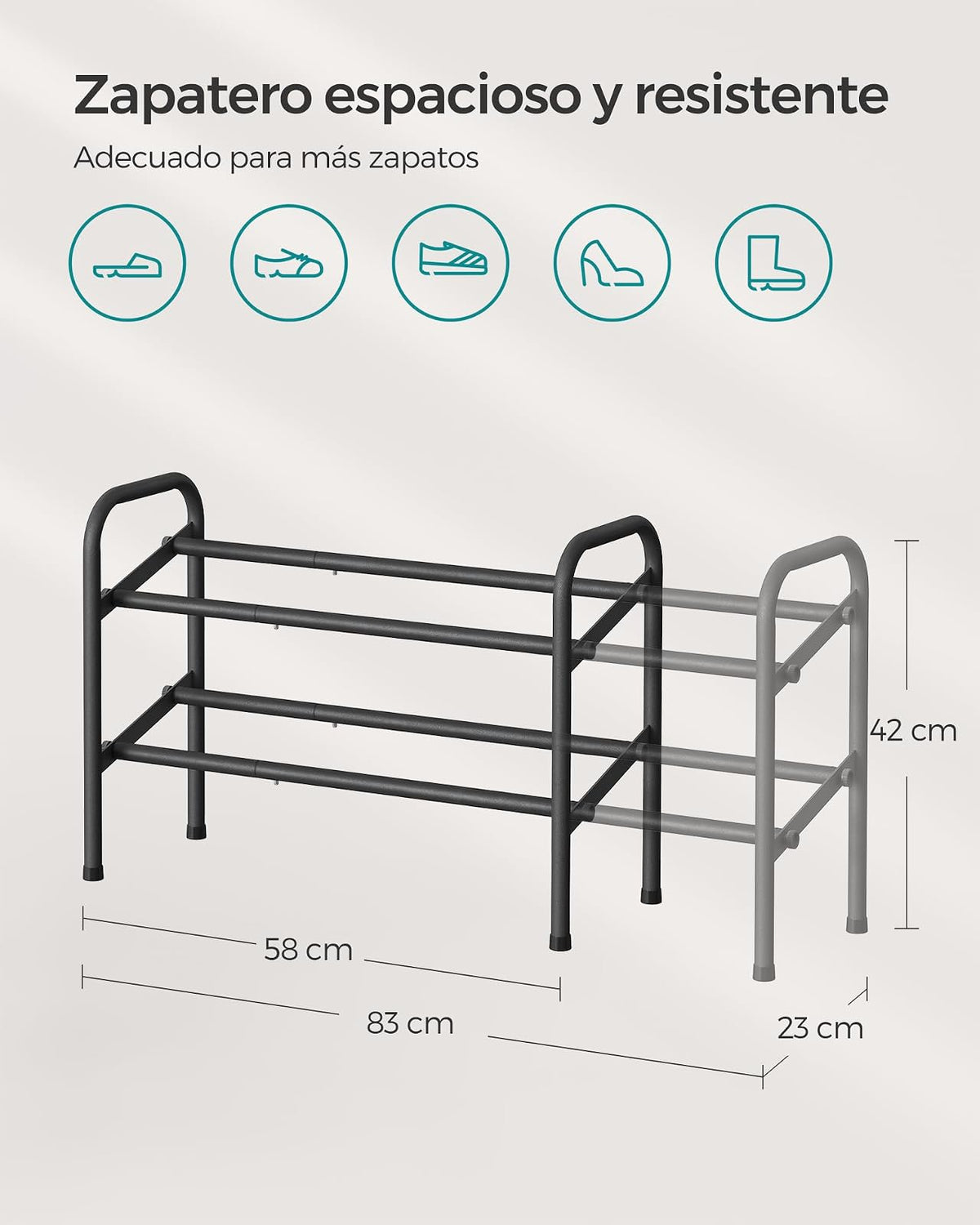 SONGMICS Zapatero Extensible, Zapatero de Metal de 2 Niveles, Organizador de Zapatos Ajustable, Estante Zapatos para Pasillo, Negro Tinta MLMR029B01