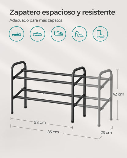 SONGMICS Zapatero Extensible, Zapatero de Metal de 2 Niveles, Organizador de Zapatos Ajustable, Estante Zapatos para Pasillo, Negro Tinta MLMR029B01