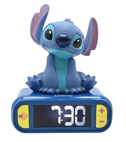 Lexibook Disney Stitch Reloj Despertador Luz Nocturna RL800D | Azul, visualización retroiluminada LCD, 6 sonidos y melodías, función repetición, luminoso, 3 pilas AA