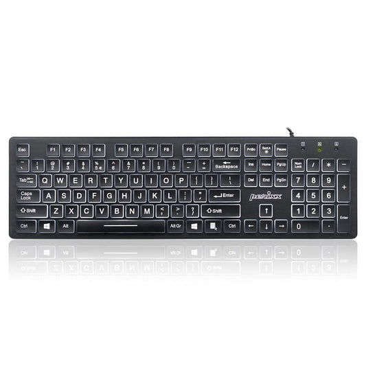 Perixx PERIBOARD-317 Teclado USB retroiluminado con Cable, Letra de impresión Grande con LED Blanco Iluminado, diseño inglés de EE. UU., Negro