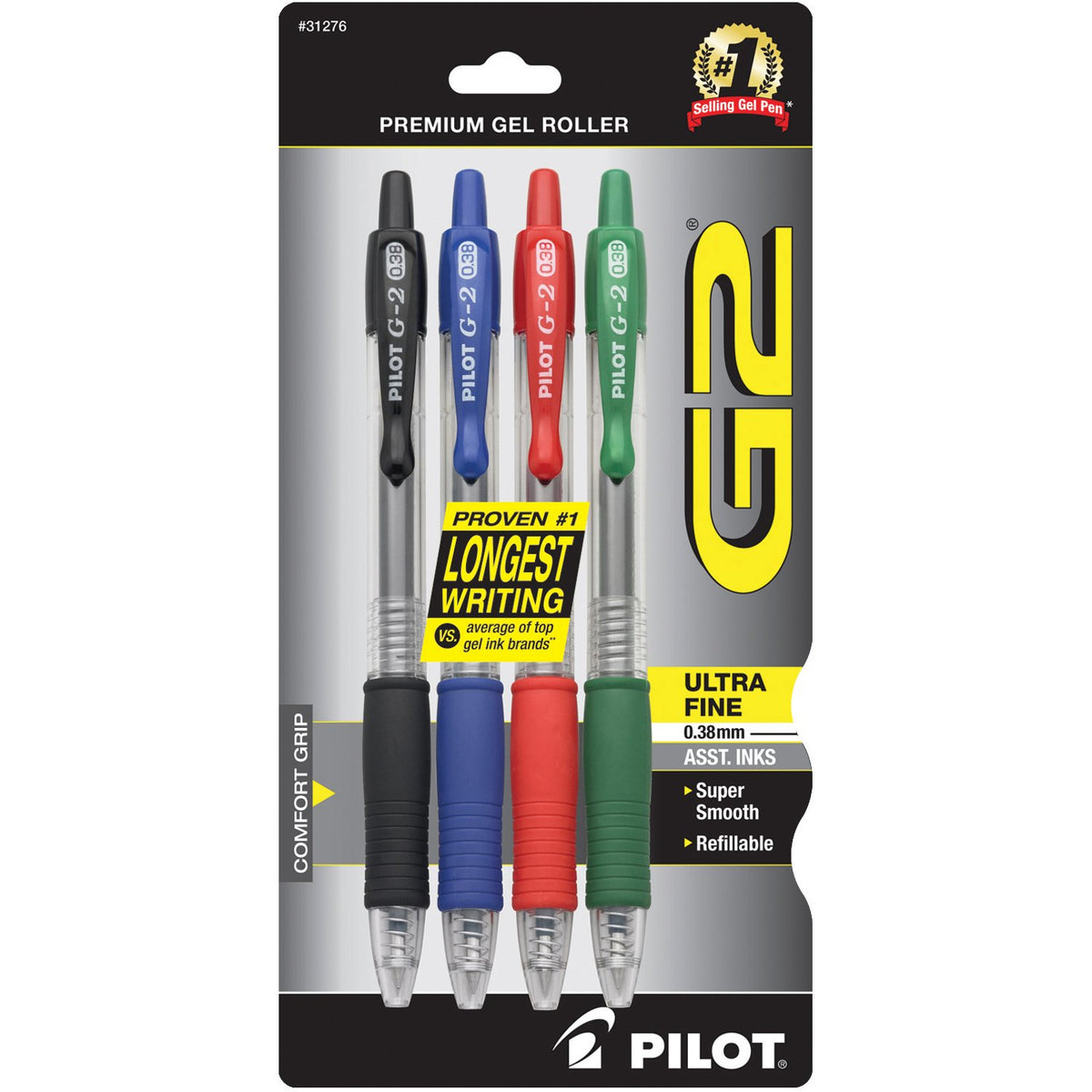 Pilot G2 Bolígrafos retráctiles, con tinta de gel y punta ultrafina, Recargable, Variados, Paquete de 4