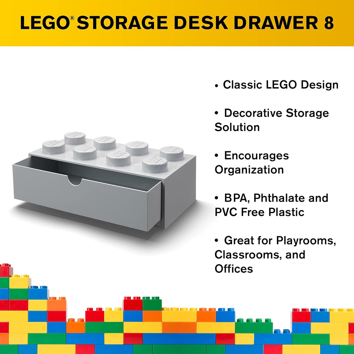 ROOM Copenhagen Lego - Cajón de computadora de 8 ladrillos, apilable de 8 pernos, 12.5 x 6.2 x 4.4 pulgadas, color gris piedra
