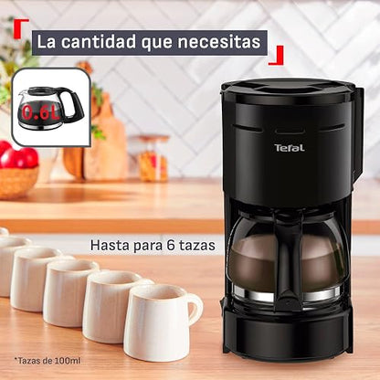 T-fal Cafetera de Filtro Heliera Petit Negra CM3218MX | Capacidad 6 tazas, sistema antigoteo, filtro permanente lavable