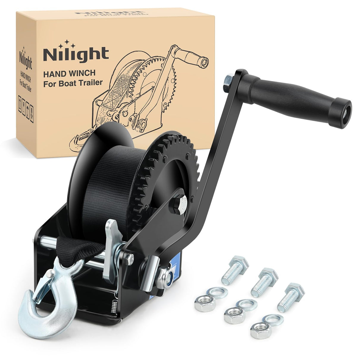 Nilight Cabrestante de Remolque de Barco 1200 Libras, manivela Manual, cabrestante Resistente para Barco con 7 Metros de Cuerda, Gancho, trinquete de 2 vías, relación de transmisión 4:1, cabrestante