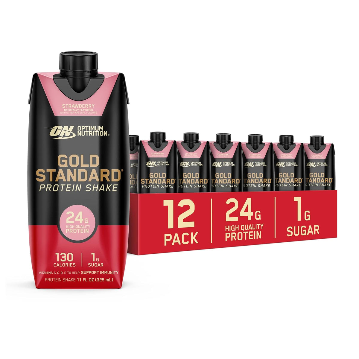 Optimum Nutrition Gold Standard Protein Shake, 24g Protein, Ready to Drink Protein Drinks, Strawberry, 12 Count