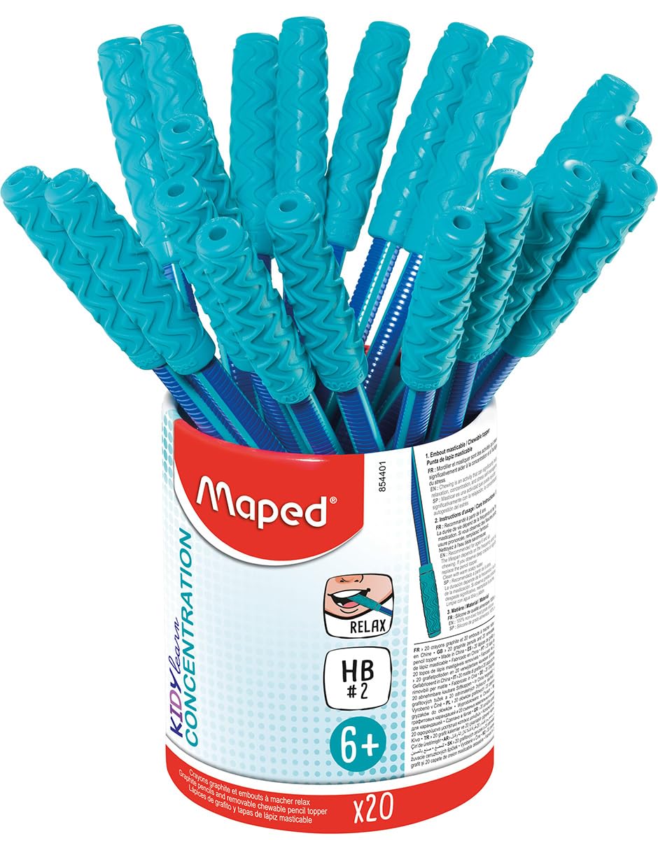 Maped Kidy Learn Concentration - 20 lápices ergonómicos de grafito con punta relajante para masticar - Recambio HB2 - Barril texturizado con mango