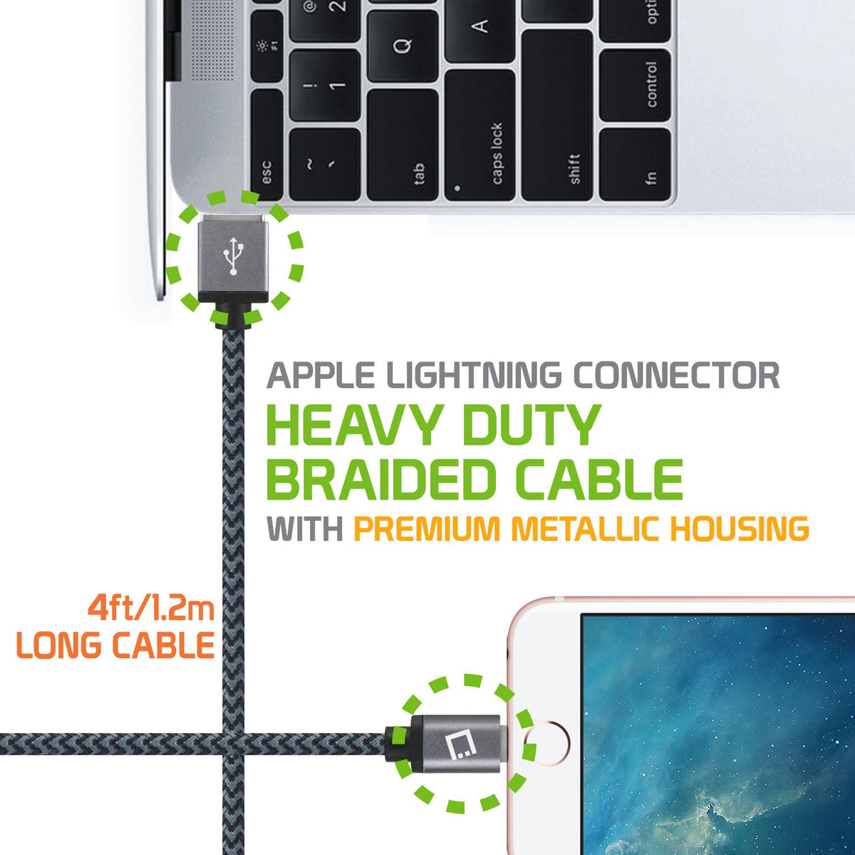 Cellet Cable de Datos y Carga con Conector Lightning a USB, 8 Pines, Autorizado por Apple, 1.2 m de Largo, Color Negro