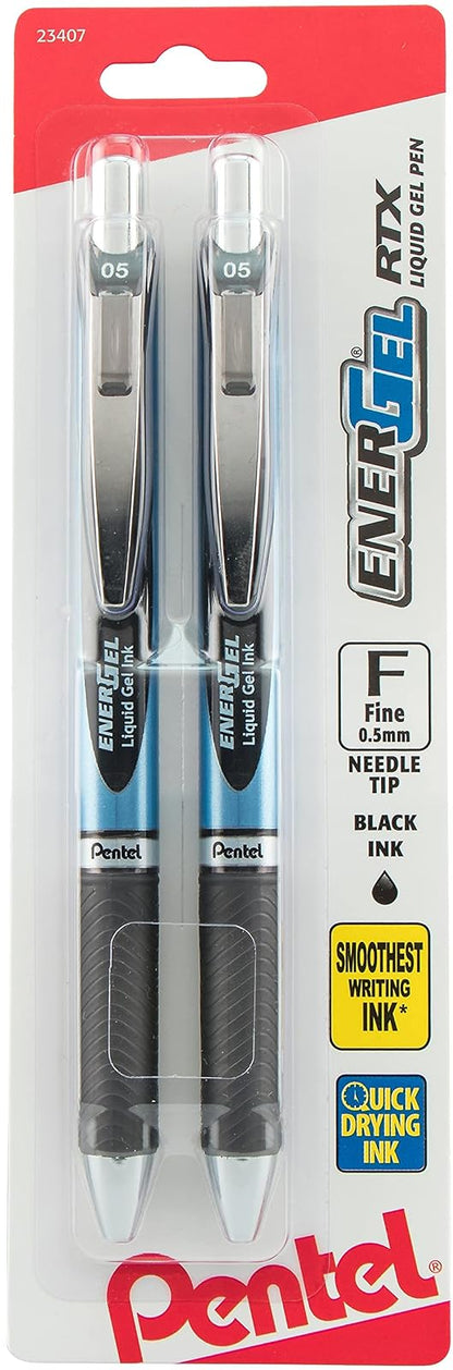 Pentel EnerGel RTX Bolígrafos Retráctiles de Tinta Líquida de Gel - Aguja de 0.5mm - 2 Unidad (Paquete de 1) - Negro