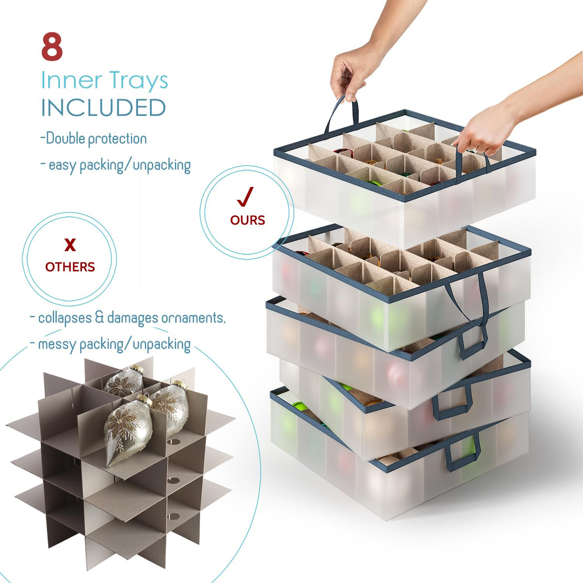 Hearth & Harbor Caja grande de almacenamiento de adornos de Navidad con separadores ajustables, contenedor de almacenamiento de adornos de plástico para 128 adornos o decoraciones navideñas
