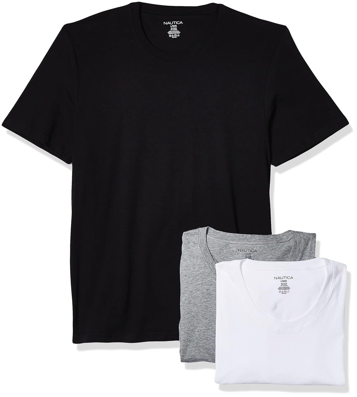 Nautica - Playera de algodón con Cuello Redondo para Hombre, Paquete de 3 - CH - Blanco - Negro - Gris Jaspeado