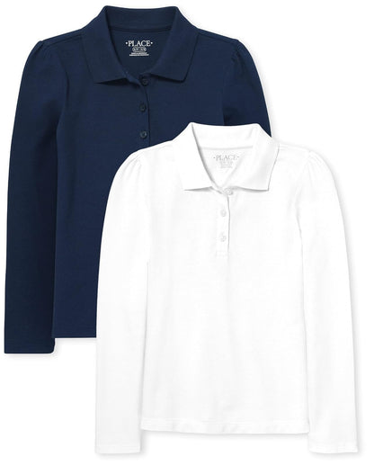 The Children's Place Polo Piqué Manga Larga para Niña, Paquete de 2 - 7-8 Años - Tidal - White 2-pack