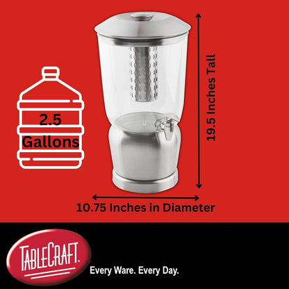 TableCraft 75 - Dispensador de bebidas de 2.5 galones con infusor de frutas y soporte, Tritan y acero inoxidable cepillado, dispensador de bebidas frías para catering y uso doméstico