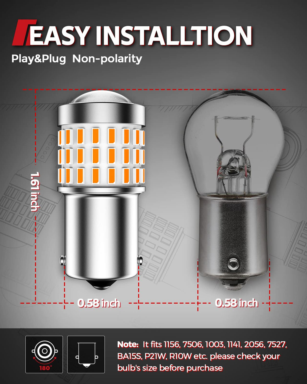Torchbeam 1156 - Bombillas LED de señal de Giro, CANBUS sin Errores, reemplaza para P21W BA15S 1156A 1156NA 7506 1141, 12V-24V ámbar Amarillo LED para Automóvil, 2 Unidades