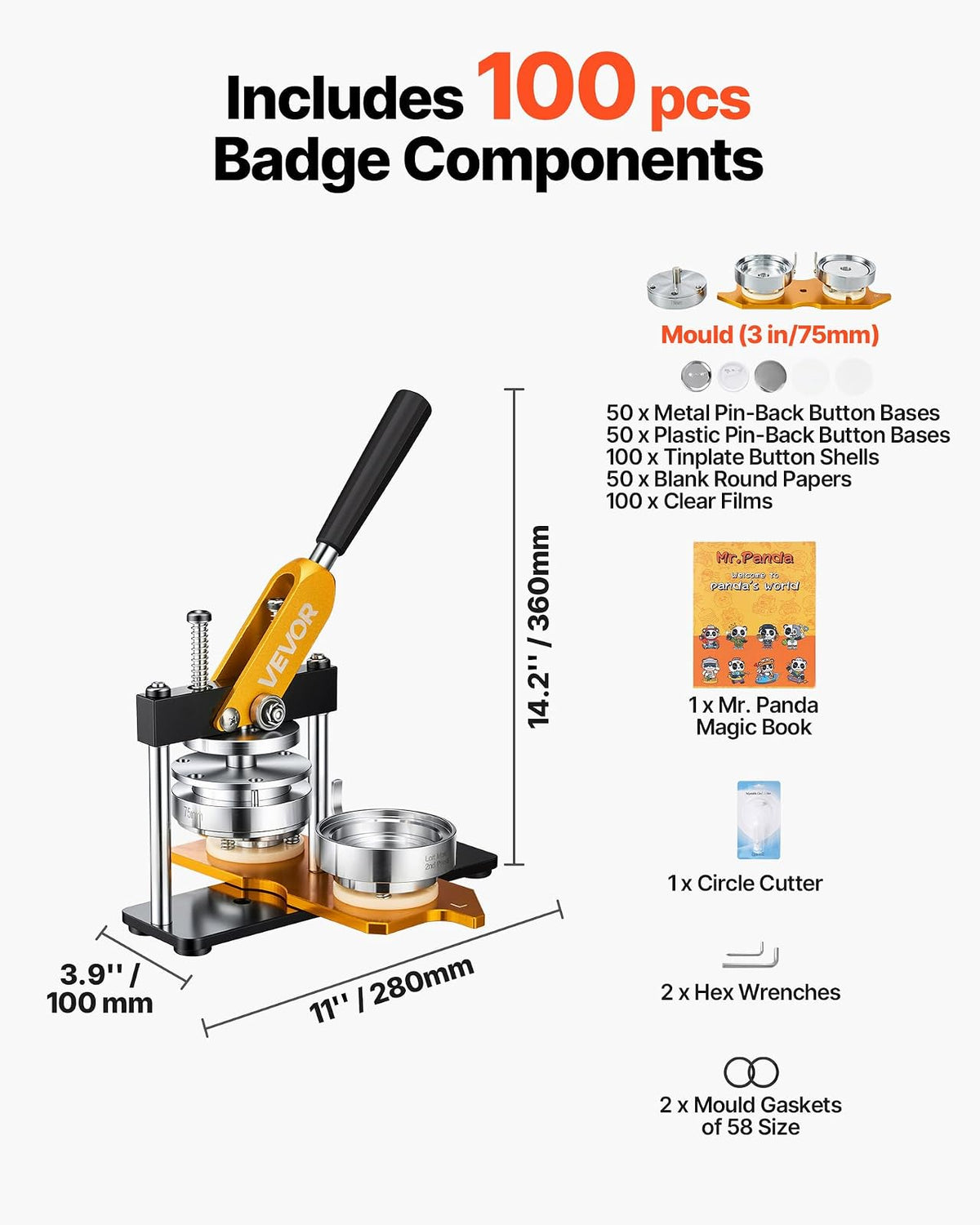 VEVOR Máquina para hacer botones, kit de prensa perforadora de insignias 75 mm, fabricante de alfileres, suministros para hacer botones con 500 piezas de botones, cortador de círculos y libro mágico