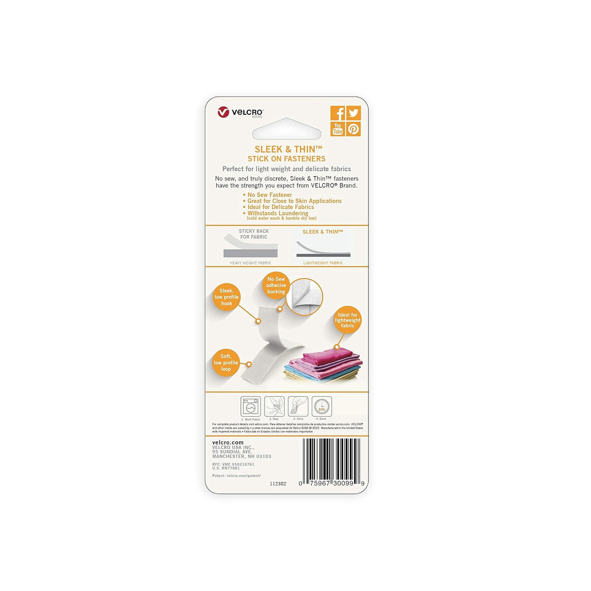 Cinta adhesiva elegante y delgada de la marca VELCRO para telas, 24 x 3/4 pulgadas, color blanco, suave en la piel, ultra ligera, parte trasera adhesiva, no necesita costura