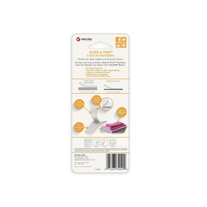 Cinta adhesiva elegante y delgada de la marca VELCRO para telas, 24 x 3/4 pulgadas, color blanco, suave en la piel, ultra ligera, parte trasera adhesiva, no necesita costura