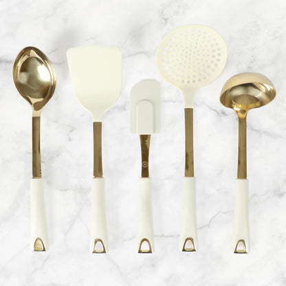 Martha Stewart Lockton - Juego de herramientas de cocina de acero inoxidable y nailon, lino con dorado