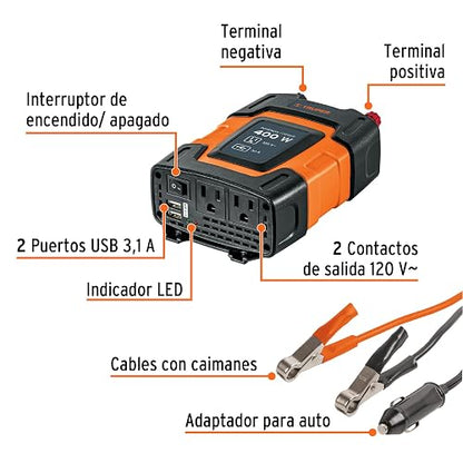 TRUPER Inversor de Corriente 400 W con Adaptador de Caimán, Naranja, INCO-400