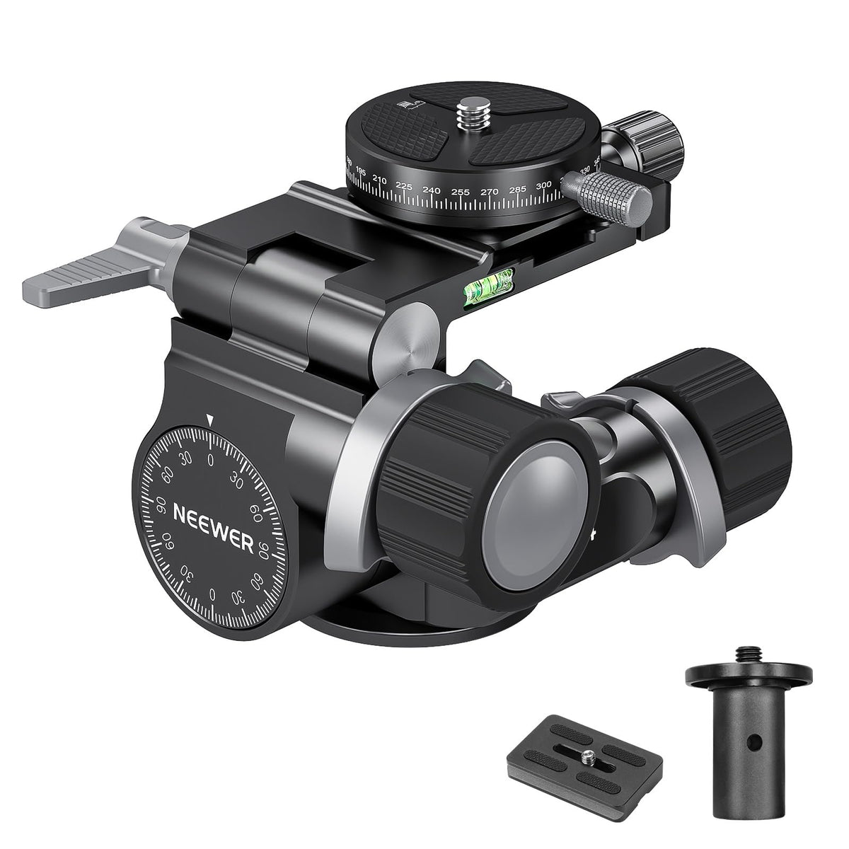 NEEWER Cabezal Trípode con Engranaje Bidireccional Microajuste Milimétrico Pan Tilt Head Aleación Aluminio, 360° Placa Panorámica Arca QR Compatible con Sony Canon Nikon DSLR, Carga Máx 13.2lb, TH14