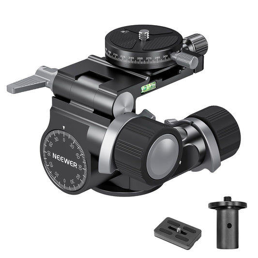 NEEWER Cabezal Trípode con Engranaje Bidireccional Microajuste Milimétrico Pan Tilt Head Aleación Aluminio, 360° Placa Panorámica Arca QR Compatible con Sony Canon Nikon DSLR, Carga Máx 13.2lb, TH14
