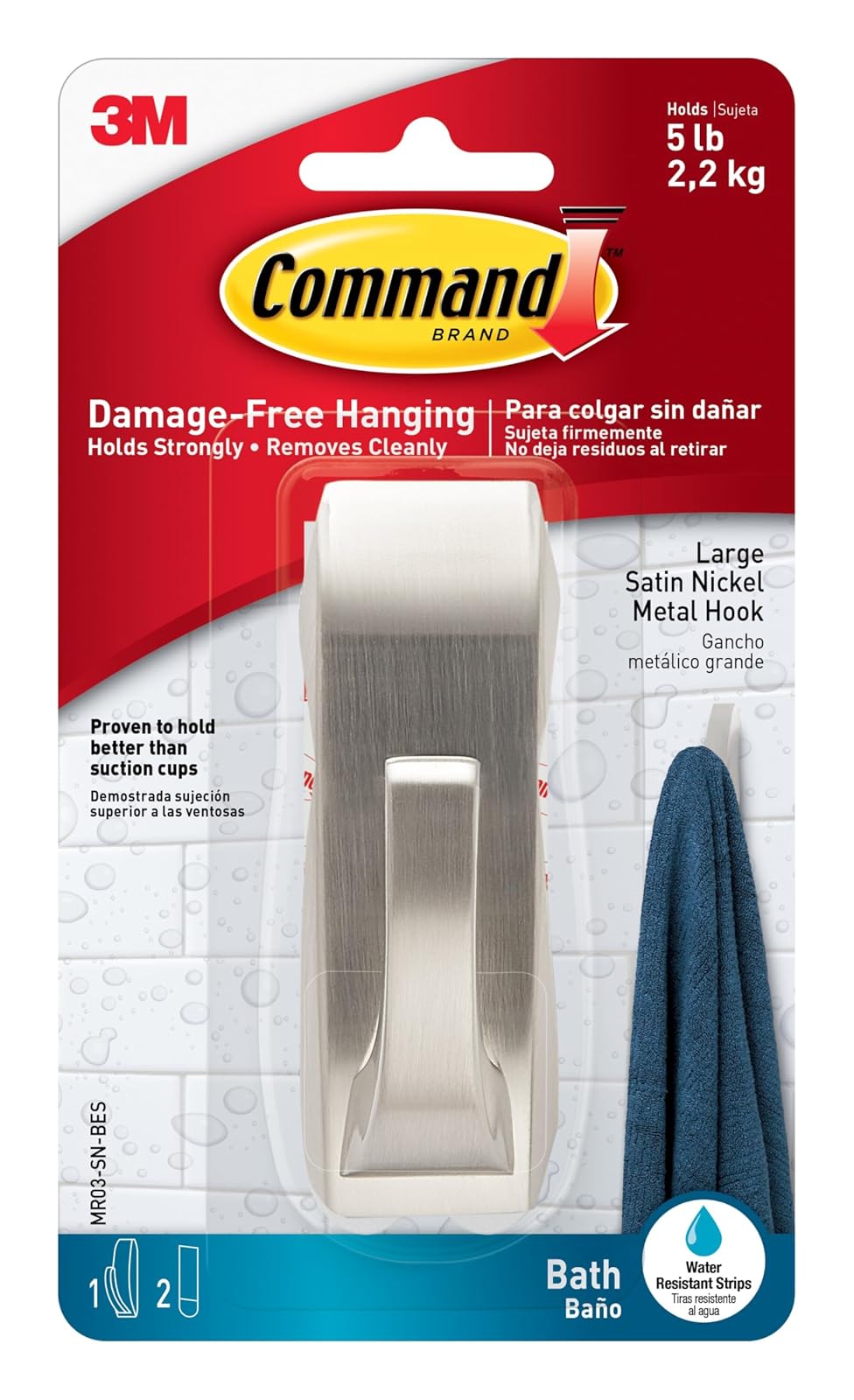 Command moderna Reflexiones gancho de metal para baño, pequeña, níquel satinado, 1-hook con tiras resistentes al agua (mr01-sn-bes), Large, Bath - Satin Nickel
