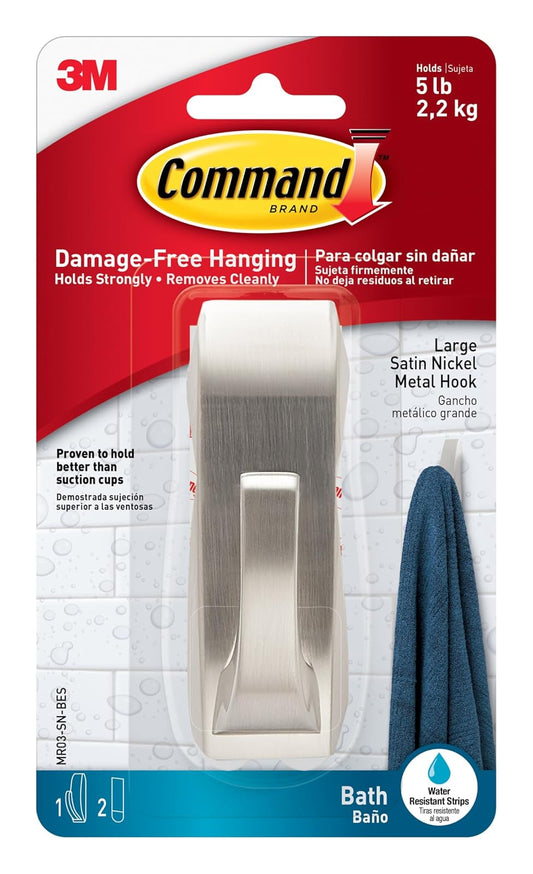Command moderna Reflexiones gancho de metal para baño, pequeña, níquel satinado, 1-hook con tiras resistentes al agua (mr01-sn-bes), Large, Bath - Satin Nickel