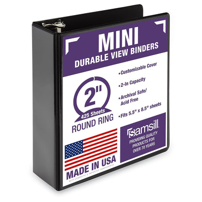 Samsill Economy - Carpeta pequeña de 3 anillas de 2 pulgadas, fabricada en los Estados Unidos, carpeta redonda de 9.1 x 7.5 pulgadas, cubierta antiadherente personalizable, color negro