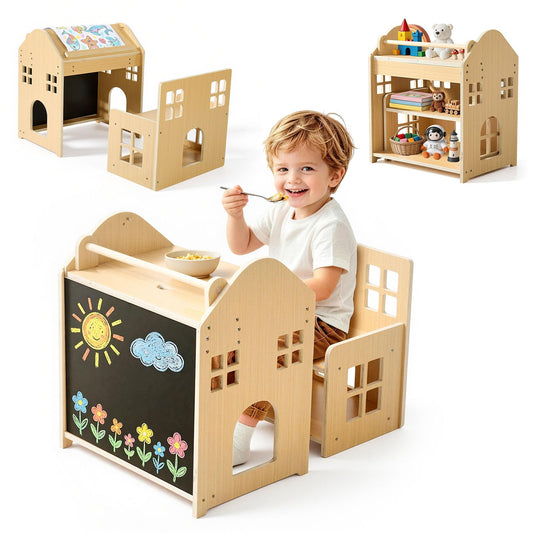 VEVOR Juego de Mesa y Silla Montessori para Bebés de 1-5 Años de Madera, Mesa de Aprendizaje Convertible en Casita, con Pizarra Desmontable Estante de Almacenamiento, para Comer Jugar Dibujar Leer