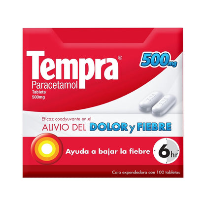 Tempra 500mg paracetamol, para dolor y fiebre, caja con 100 tabletas