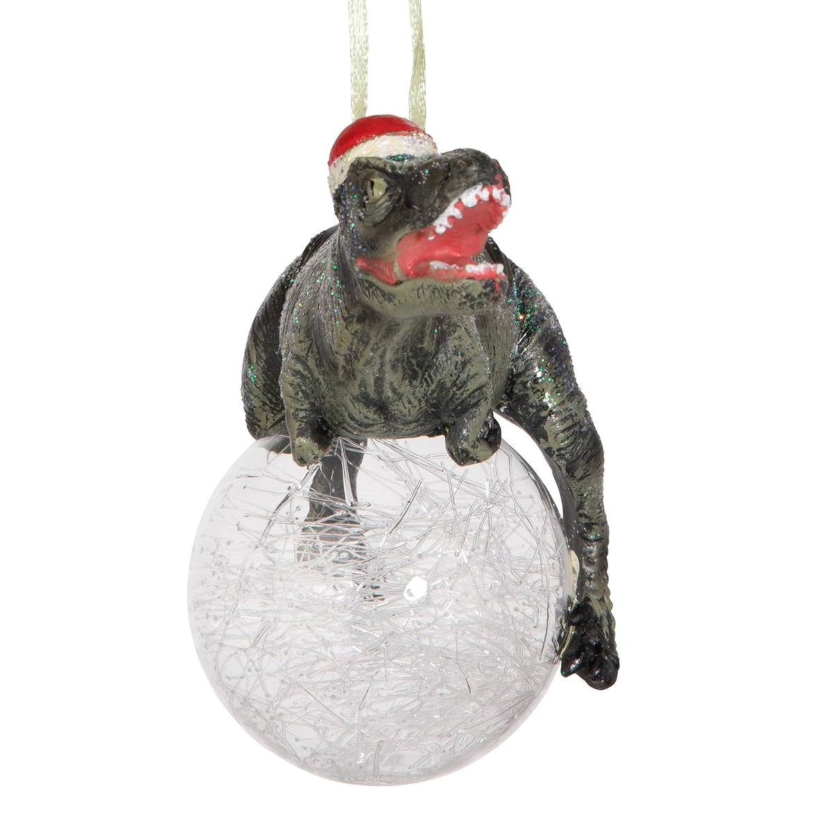 Design Toscano Blitzer The T Rex - Adorno para árbol de Navidad, 5 Pulgadas de Largo, Resina de Piedra fundida con Bola de Vidrio, Acabado Verde con Purpurina