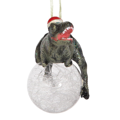 Design Toscano Blitzer The T Rex - Adorno para árbol de Navidad, 5 Pulgadas de Largo, Resina de Piedra fundida con Bola de Vidrio, Acabado Verde con Purpurina